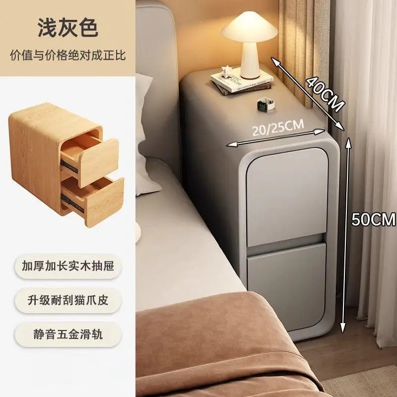 Solid Wood Bedside Table with 2 Drawers No-Leg Design Small Nightstand for Bedroom Minimalist Narrow Storage Cabinet