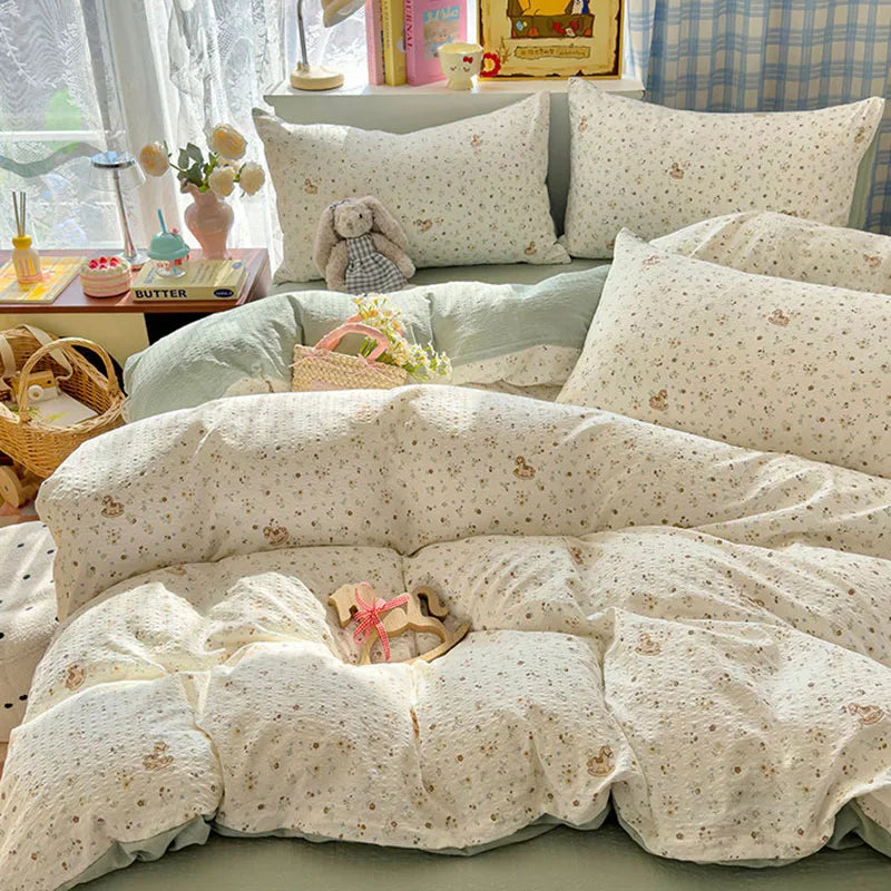 Ins Style Printed All-Cotton Bedding Set Antibacterial Dormitory Bedclothes for Students Comfort Skin-Friendly Home Decoration