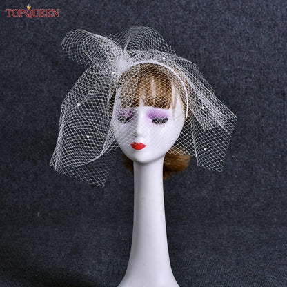 TOPQUEEN VA12 Wedding Birdcage Veil Bridal Blusher Veil White Headband Veil for Bridal Fascinators Black Face Net Mask Bachelore