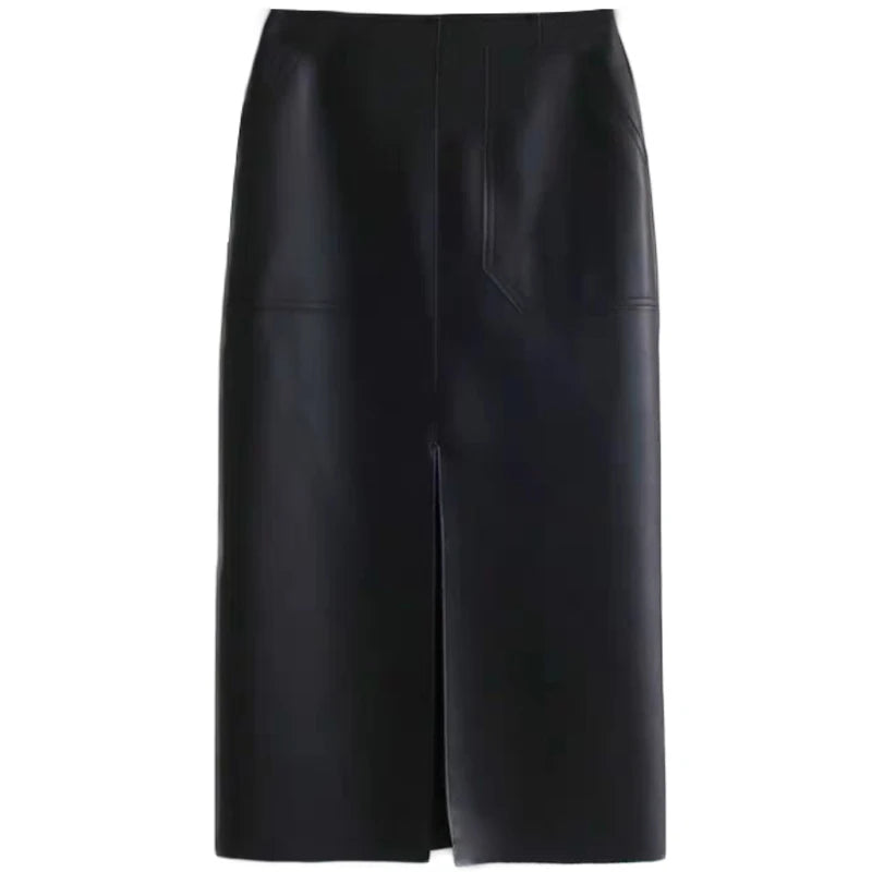 Slim Straight Faux Leather Skirts Women Spring New Package Hip Long PU Jupe Chic Split Designed Fashion Solid Mujer Faldas