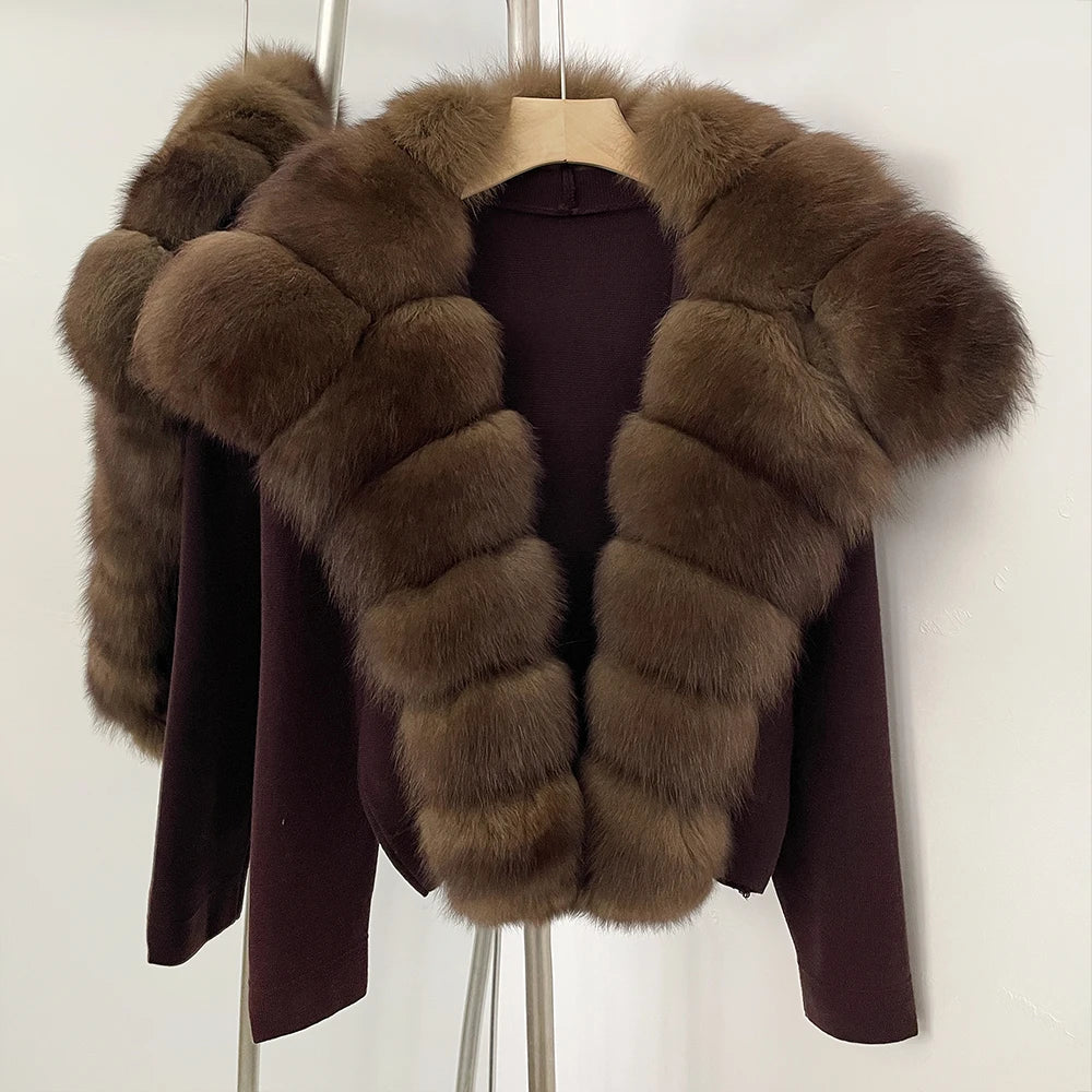 Elegant Knitted Cardigan Women's Sweater Knitting Jacket with Fur and cuffs Knitted Women's Long Sleeve Top Short Sweater