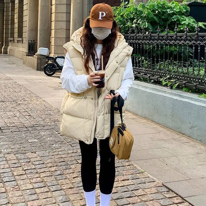 M-4XL Hooded Vests Women Solid Korean Style Fashion Harajuku Autumn Winter College Loose All-match Waistcoats Zip Up Leisure