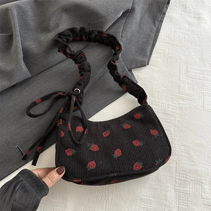 New Large Capacity Corduroy Tote Bag Women Girl Y2k Strawberry Shoulder Bag Sweet Trendy Zipper Underarm Bag Crossbody Bag