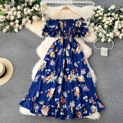 YuooMuoo Vacation Fashion Flower Print Chiffon Summer Dress Sexy Off Shoulders Elastic Waist Big Swing Long Dress Beach Vestidos