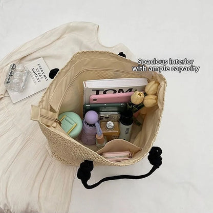Handmade Straw Woven Bags Large Capacity Zipper Closure Shopping Tote Bag Top-Handle Portable Beach Handbags Travel