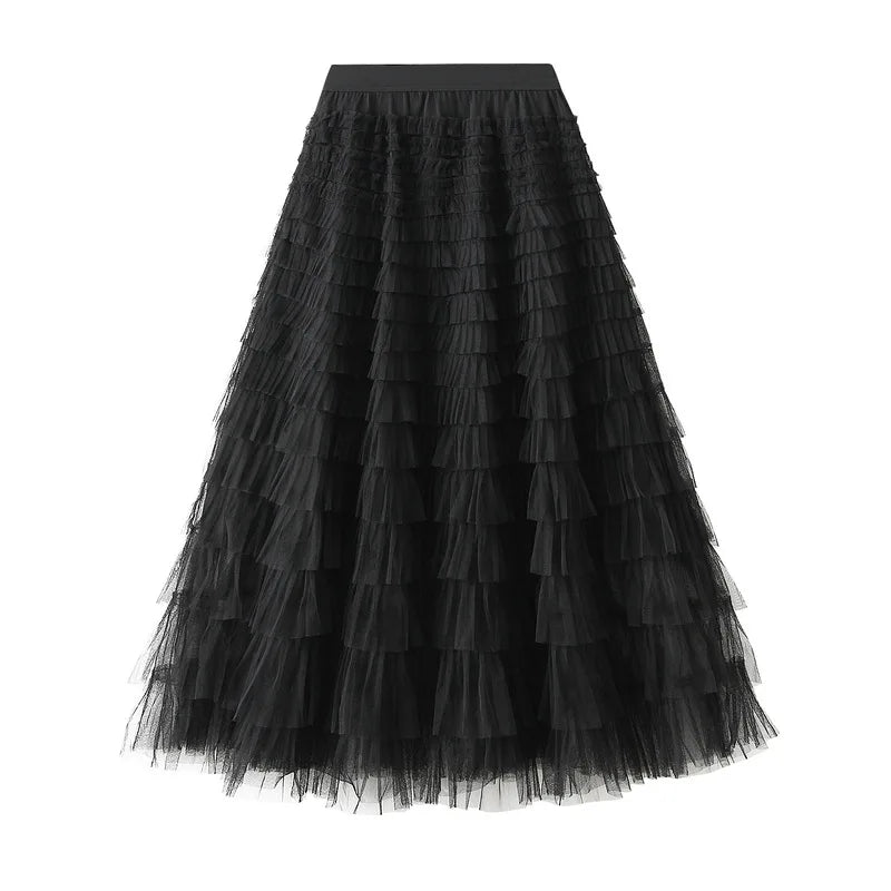 New Arrival 2025 Tulle Cake Long Skirt Women Spring Summer Ruffle Pleated A-Line Chic Skirt Ladies Sweet Black White Tutu Skirts