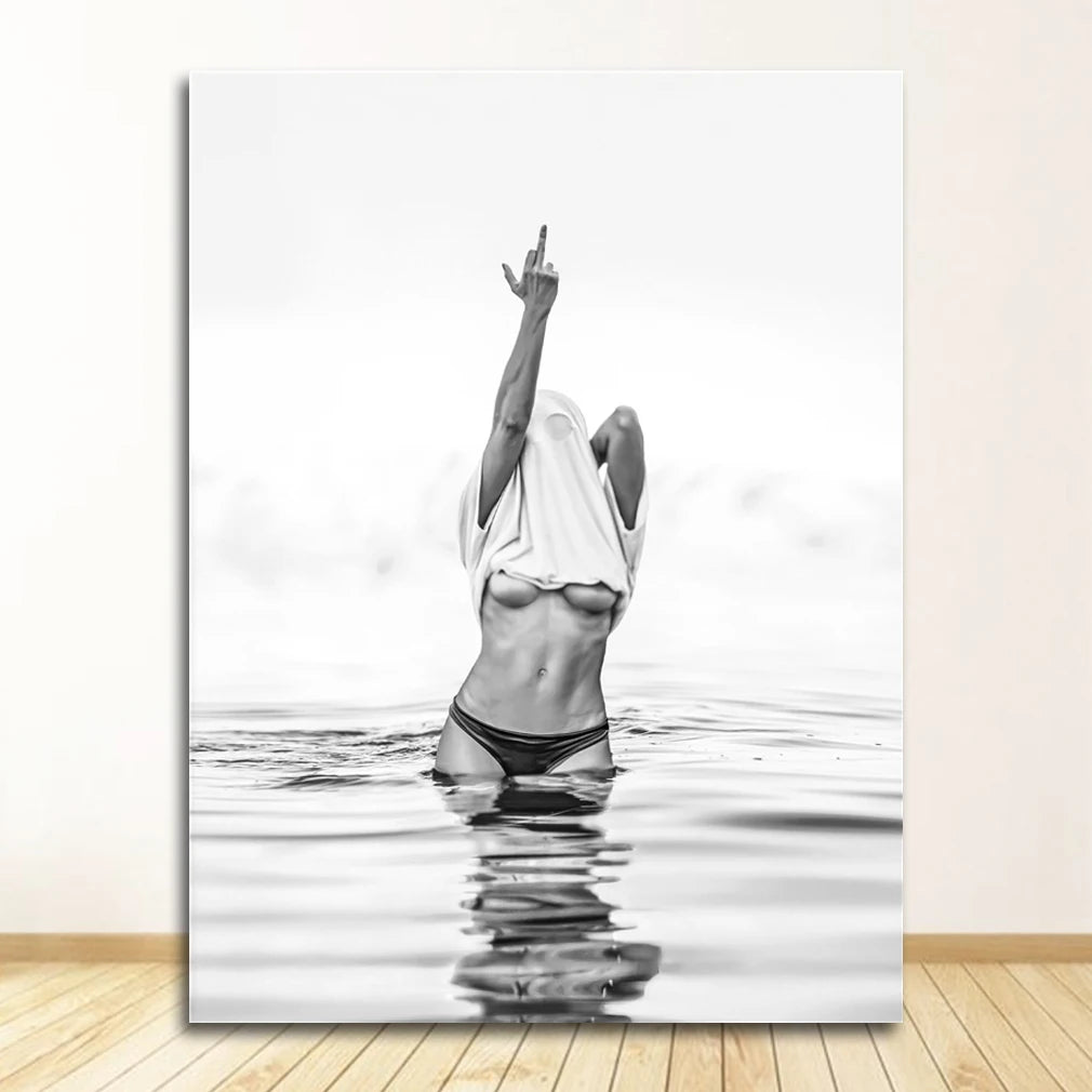 Wall Art Woman Pictures Living Room Decor Fashion Black White Poster Sexy Middle Finger Feminist Canvas Painting