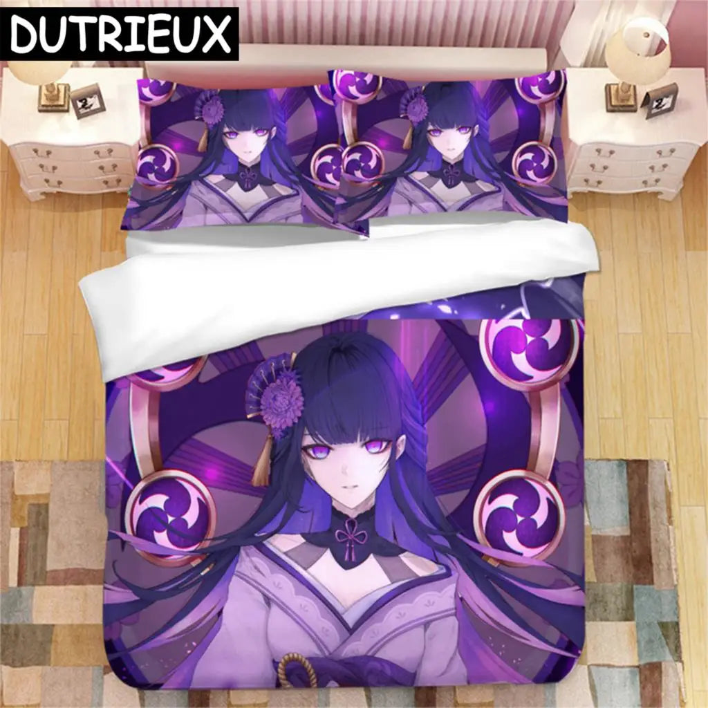 Genshin Impact Raiden Shogun 3D Printed Bedding Set Duvet Covers Pillowcases Comforter Bedding Set Bedclothes Duvet Cover