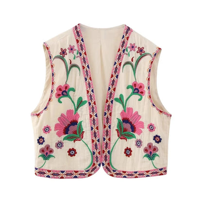 Women's Vintage Floral Embroidered Open Waist Coat Casual Vacation Crop Top National Style Vest Jacket for Ladies