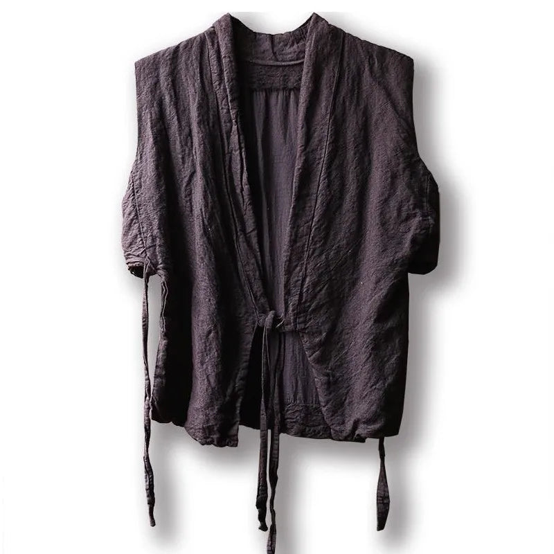 Johnature Women Vintage Linen Bandage Vests Coats Dark Purple V-Neck Chinese Style Clothes 2025 Autumn New Women Vests Coats
