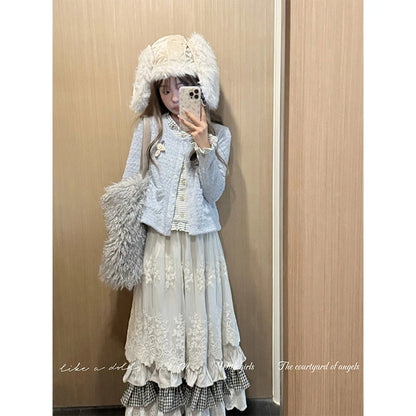 MEXZT Vintage Midi Skirt Women Kawaii Lace Plaid Patchwork Skirts Winter Harajuku Korean Ruffles High Waist Casual A Line Faldas