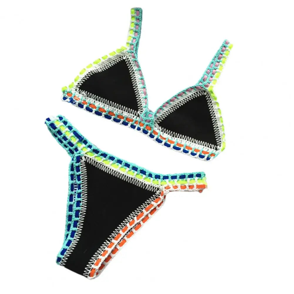 2 Pcs/Set Swimsuit Women Bikinis Set Sexy Patchwork Knit Handmade Crochet Bathing Suit Swimsuit Beach
