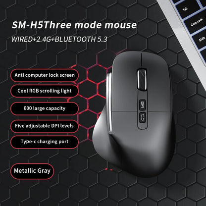 Lenovo 3 Mode Wireless Mouse Bluetooth 5.3+2.4G+Wired Ergonomic RGB Gaming Mouse with Macro Keys Rechargeable for Office Gaming