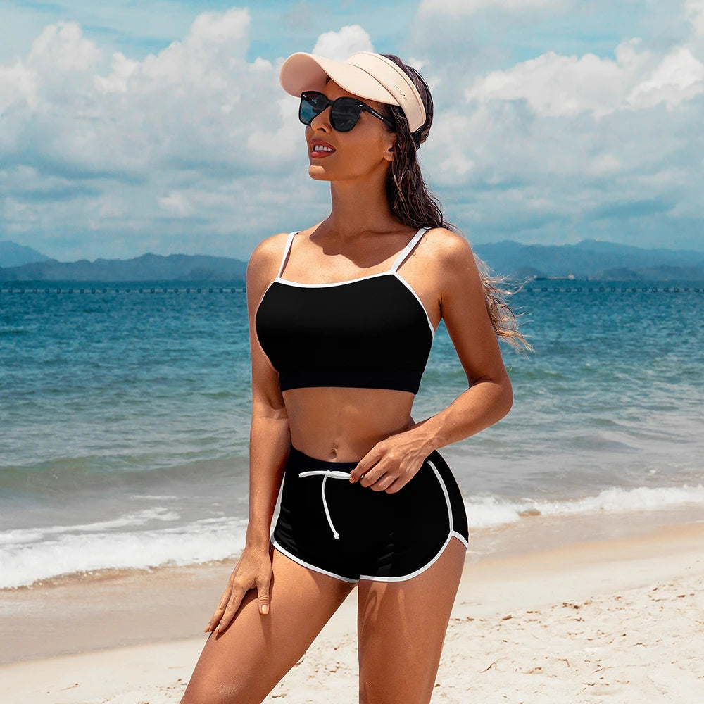 Anfilia Women Sporty Casual Crop Bikini Set Two Piece Set Color Block Swimsuit Bathing Suit