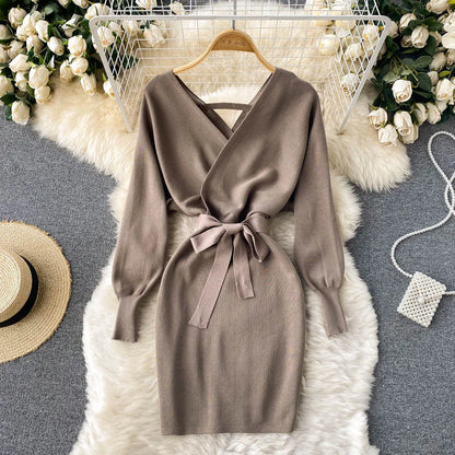 YuooMuoo Women Dress 2025 Autumn Winter Elegant Sash Bandage Bodycon Mini Dress Chic Fashion Y2K Knitted Ladies Dresses Party
