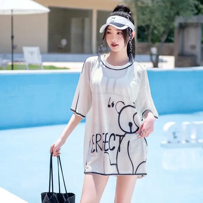 Swimsuit Women Split 3 Piece Set Korean Cartoon Print Cover Up Sport Boxer Shorts Tank Top Mesh Jersey Sun-proof Beach Swimwear