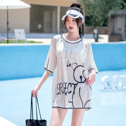 Swimsuit Women Split 3 Piece Set Korean Cartoon Print Cover Up Sport Boxer Shorts Tank Top Mesh Jersey Sun-proof Beach Swimwear