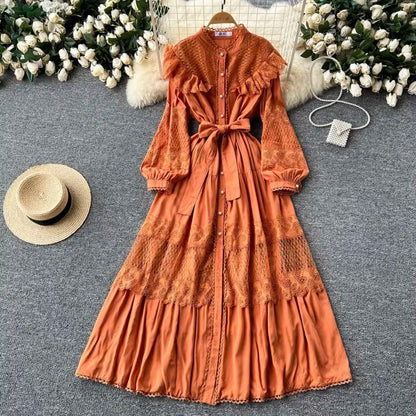 LGRQ For Women's Lace-up Single Breasted Lace Dress Fashion Hollow Out Bead Button Round Neck Dresses 2025 Autumn New Clothing