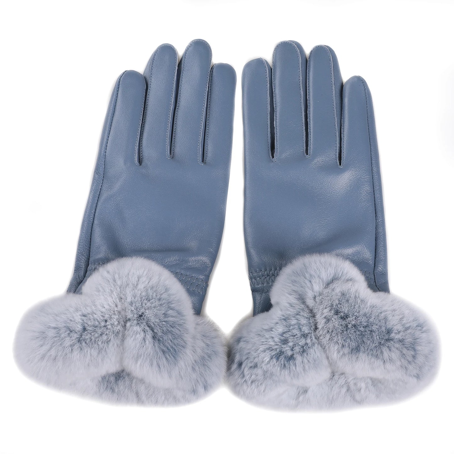BOONJOVIA Elegant Women's Winter Warm Genuine Leather Gloves With Rex Rabbit Fur Trim Cuffs Velvet Lined