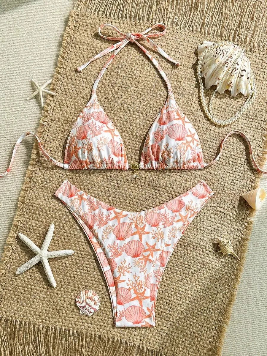 New Sexy Lace Up Neck Starfish Print Set Swimsuit Bikini Low Waist Bikinis Swimwear Beach Swimsuit Swimwear