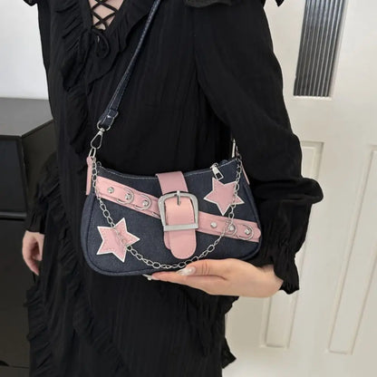 Y2k Fashion Women's Handbags Stars Pattern Cool Girls Underarm Bag Fashion Female Small Shoulder Bags Chain Tote Purses