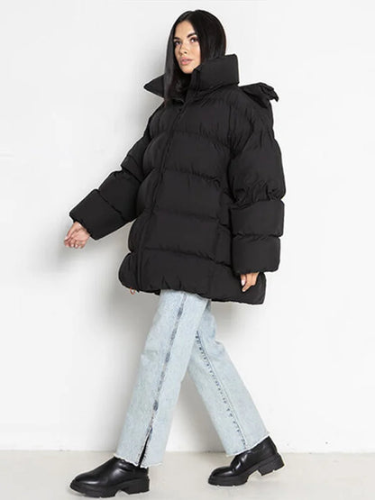 Winter Warm Hooded Cotton Jacket Women Fashion Standneck Zipper Long Sleeves Oversize Coats 2025 Female Chic Casual Outerwear