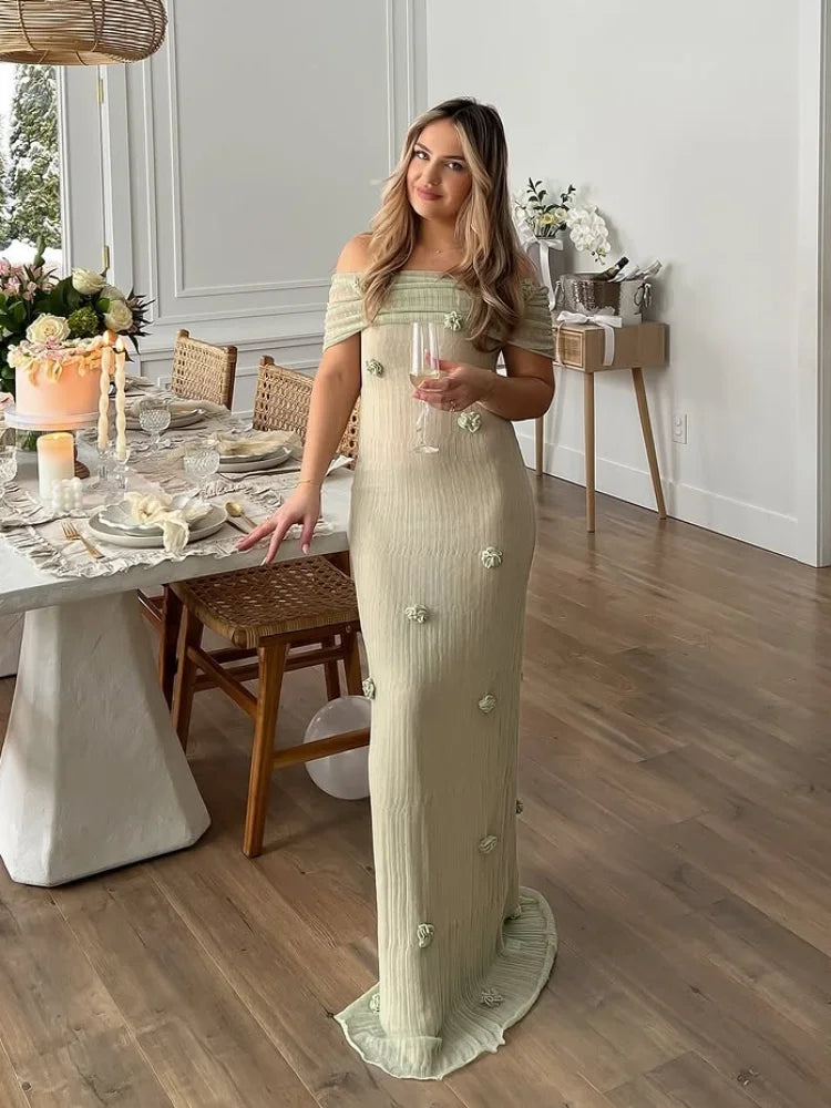 Chic 3D Flower Sleeveless Slim Maxi Dress Elegant Off Shoulder Knitted Long Dresses for Women 2025 Spring New Evening Party Robe