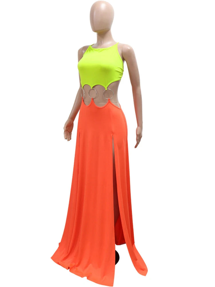 Beyprern Women's Hollow Out O-Rings Metal Long Dresses Fashion Backless Bandage Holiday Dresses Vacation Outfits Sexy Clubwear