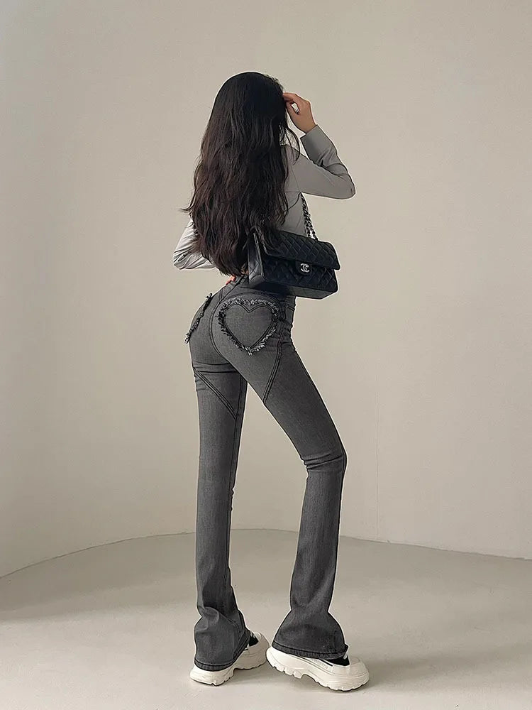 2024 Y2K High Waist Jeans Women Spring Sexy Hot Girl Casual Peach Love Pocket Flare Pants Female Bodycon Korean Denim Trousers