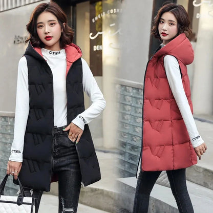 Double Side Vest Korean Slim Hooded Down Cotton Vest Women Waistcoat Sleeveless Jacket 2025 Autumn Winter Jacket Female Coat