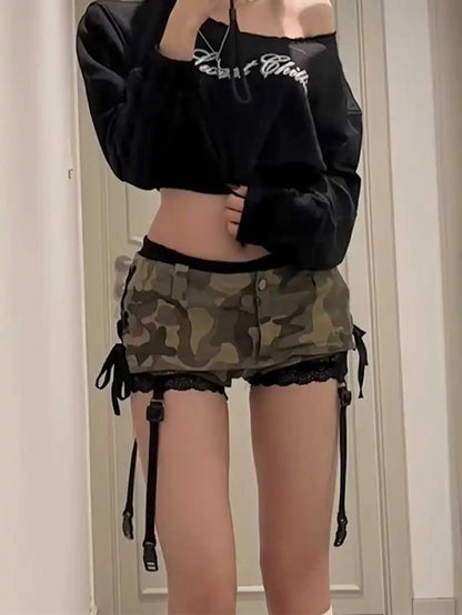 Summer Women Gyaru Coquette Camouflage Culottes Harajuku Shoujo 2000s Aesthetic Low Rise Mini Denim Skirt Korean Y2k Japanese