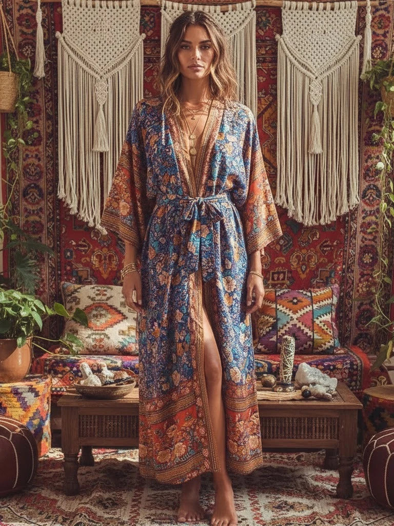 Vintage Chic Women Multi Floral Print Sashes Beach Bohemian Kimono Ladies V Neck Batwing Sleeves Maxi Robe Boho Bikini Cover-ups