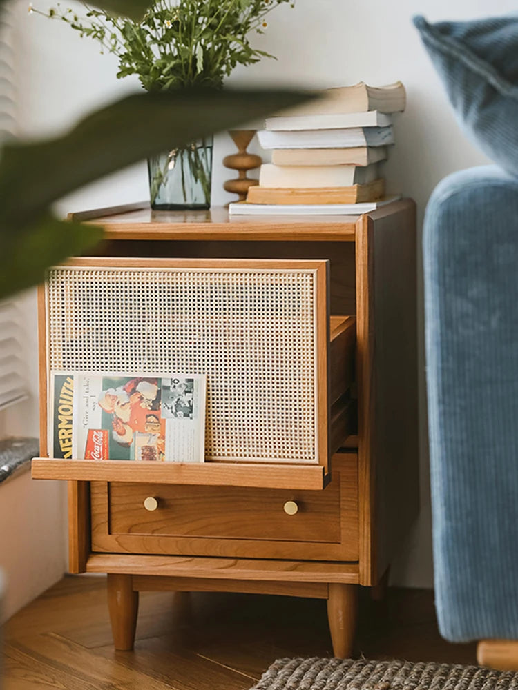 Rattan Weaving Bedroom Furniture, Bedside Table, Multifunctional Small Side Storage Cabinet, Solid Wood Night Stand Customized