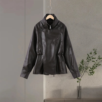 Fashion Stand Collar Solid Coat Women's Loose Long Sleeve Hidden Drawstring Zipper Jacket 2025 Autumn New Lady Casual Streetwear
