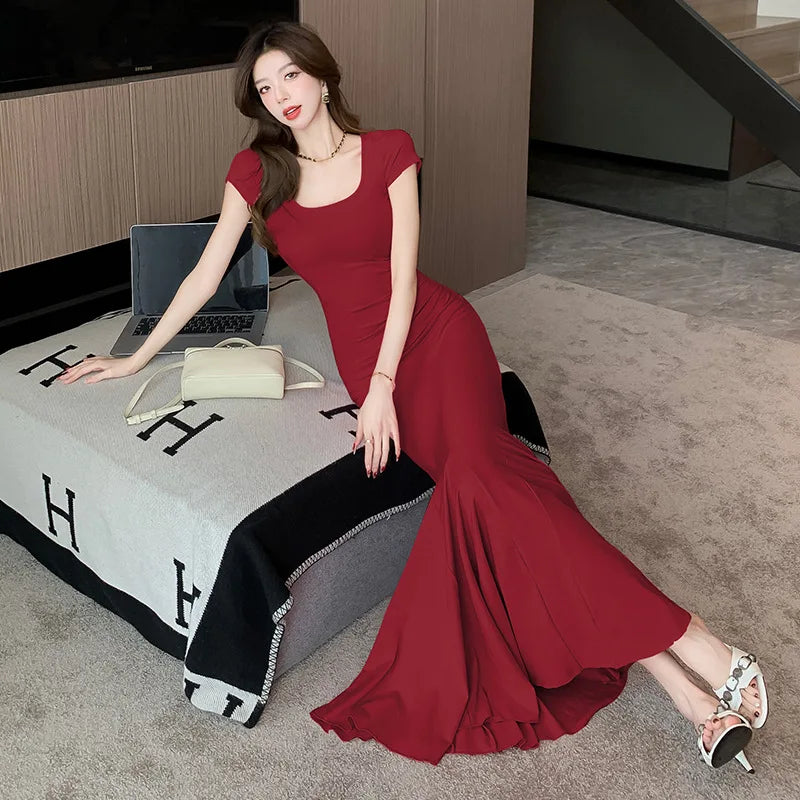 Summer Fashion Elegant Vacation Beach Mermaid Long Dress Women Clothes Sweet Short Sleeve Skinny Party Prom Vestidos Robe Femme