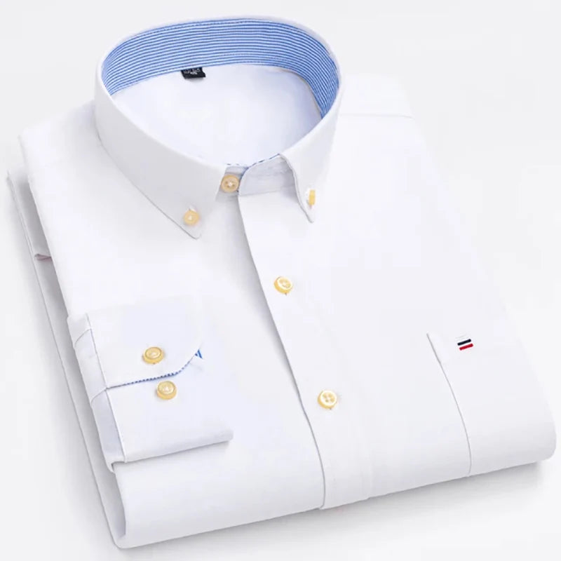 Men's Long Sleeve Oxford Dress Shirt 100% Cotton Plaid Checkered Chest Pocket Button Down Collar Casual Shirts