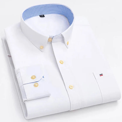 Men's Long Sleeve Oxford Dress Shirt 100% Cotton Plaid Checkered Chest Pocket Button Down Collar Casual Shirts