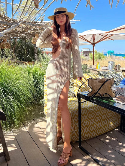 Solid Colour Beach Maxi Dress 2026 Women Summer Sexy Knit Flared Long Sleeve Slit Cut Out Swimsuit Cover Up Holiday Outfits K120