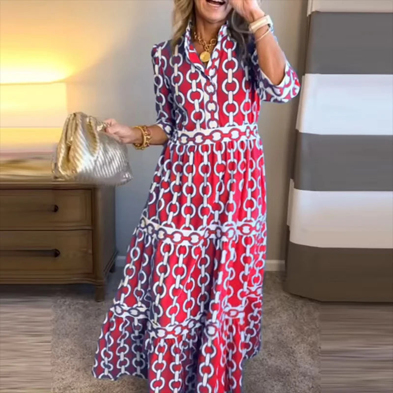 Casual Long Sleeve Pleated Party Dresses Vintage Pattern Print Loose Bohemian Dress Women Elegant V-neck Hight Waist Long Dress