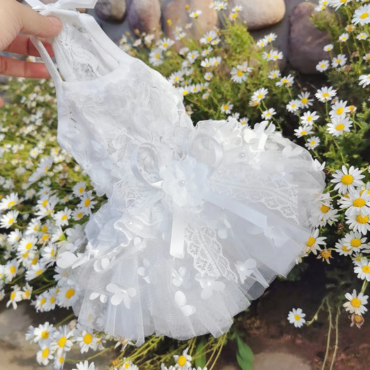 Pure White Wedding Dress Puppy Dog Clothing Fashion Handmade Lace Flower Princess Dress For Small Medium Dog Poodle Pet Clothes