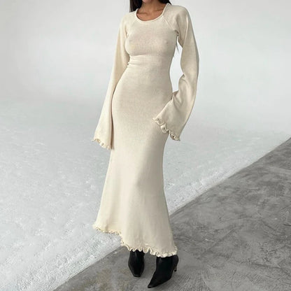 Maemukilabe Y2K Knitted Maxi Dress Vintage Edible Tree Fungus Trim Bodycon Women Autumn Backless Tie Up Long Dress Streetwear