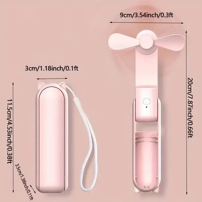 Pink Portable Mini Fan USB Rechargeable 3Speed Adjustable Foldable Handheld Fan Suitable for Women Travel Outdoor Use Power Bank