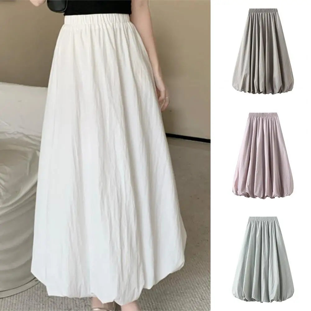 Elasticated Waist Skirt Elastic High Waist Bubble Maxi Skirt with Ankle-length Lantern Design Solid Color A-line for Spring