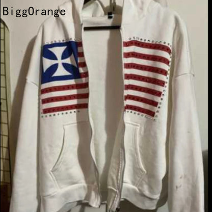 Sweatshirt coat rhinestone embroidered zipper hoodie American fashion street clothing Gothic flag men and women same sweatshirt