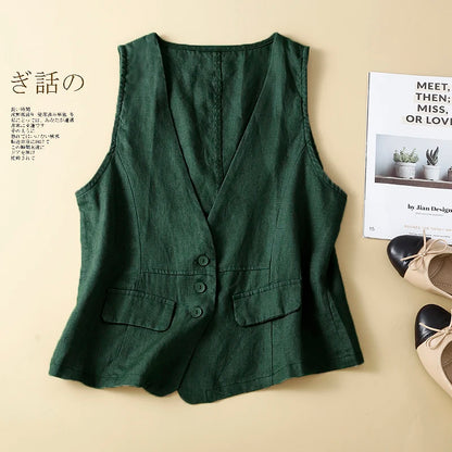 TingYiLi Cotton Linen Sleeveless Jacket For Women Summer V-neck White Khaki Green Black Vest Korean Style Waistcoat Cardigan