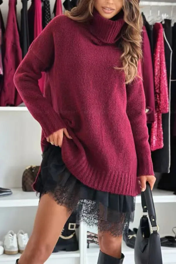 New Fashion Women's 2-piece Set  Autumn Winter Knitted Sweater+Lace Dress Loose Long Sleeve Solid color Turtleneck Pullover Top
