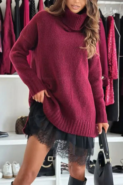 New Fashion Women's 2-piece Set  Autumn Winter Knitted Sweater+Lace Dress Loose Long Sleeve Solid color Turtleneck Pullover Top