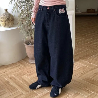 High Waist Straight Leg Bla Denim Jeans Women's Retro American Design kets Loose Fit Long Pants Slimming Effect