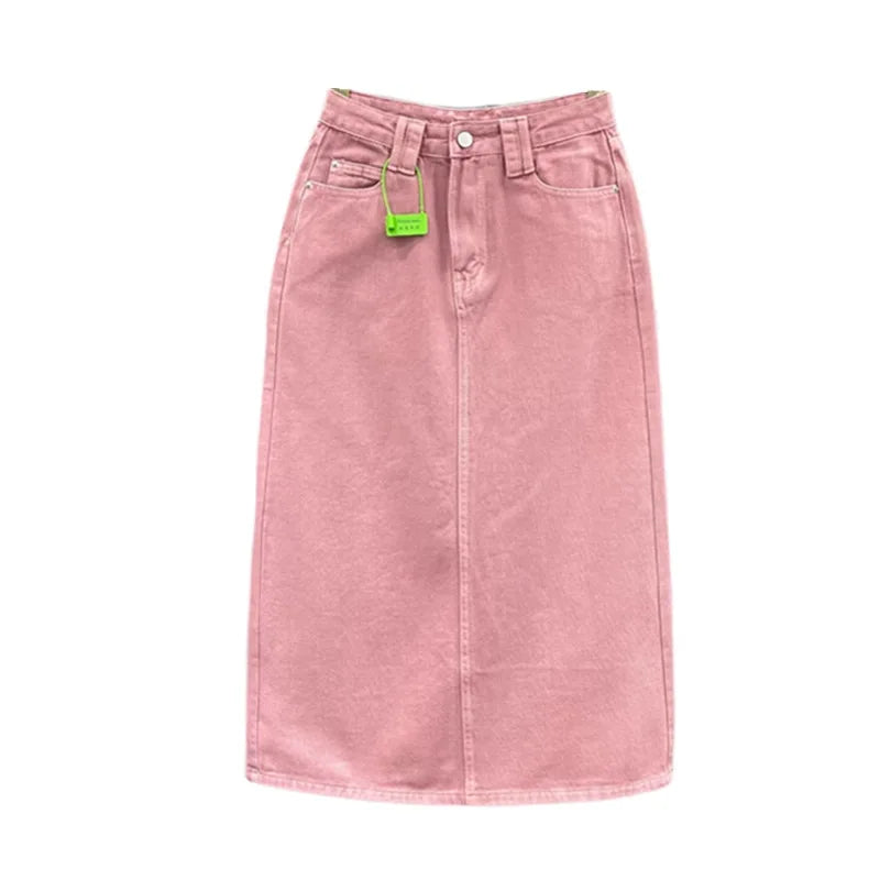 Women's High-waisted Denim Skirt 2026 New Pink A-shaped Back Split Hip Wrap Long Skirt