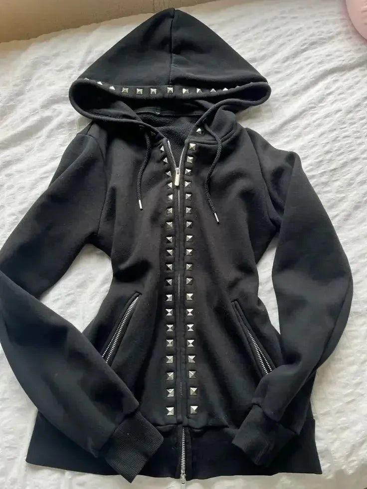 Y2K Gothic Black Coat  Bomber Jacket Women Harajuku Vintage Turn Down Collar Denim Jacket Punk Diagonal Zipper Motorcycle Jacket